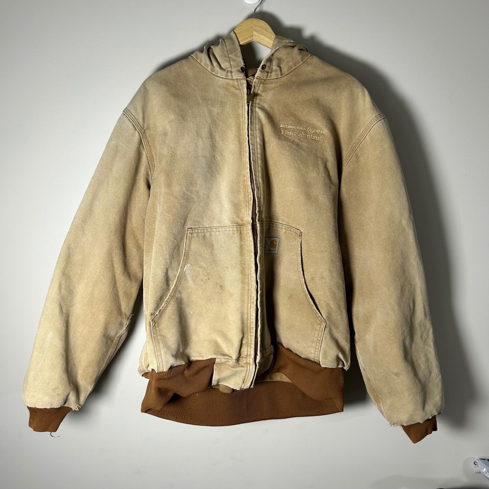 VTG Carhartt Active Jacket Men Tan Distressed Thermal Lined Duck Canvas Hooded